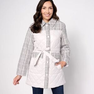 Isaac Mizrahi Live! Quilted Belted Coat w/ Tweed Accents Cream Size XL